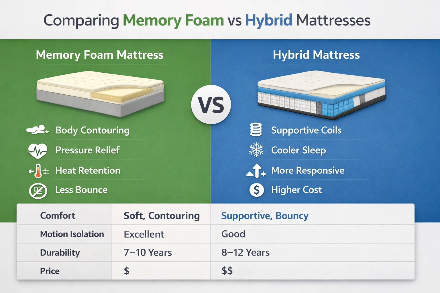 Make a Table Comparing Memory Foam vs Hybrid Mattresses 2026
